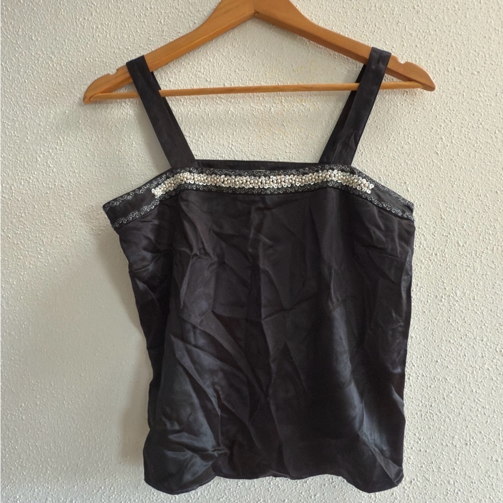 Vintage Harold’s Cropped Silk Tank Women's 2 Sequin Floral Black Blouse